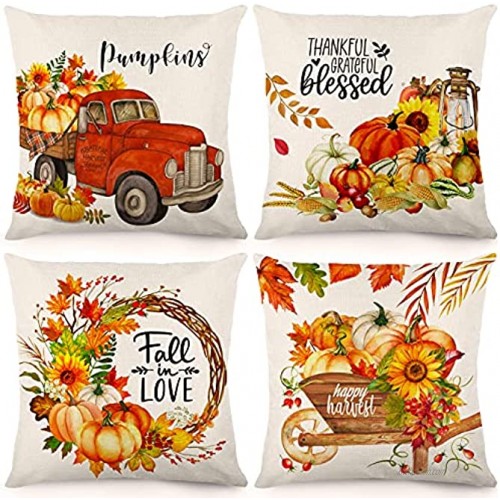 Bowount Fall Pillow Covers 18x18 Inch Set of 4 Autumn Throw Pillowcase Farmhouse Pumpkin Grateful Truck Thanksgiving Decorations Linen Cushion Case for Home Decor
