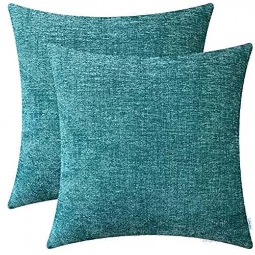 CaliTime Pack of 2 Cozy Throw Pillow Covers Cases for Couch Sofa Home Decoration Solid Dyed Soft Chenille 18 X 18 Inches Teal