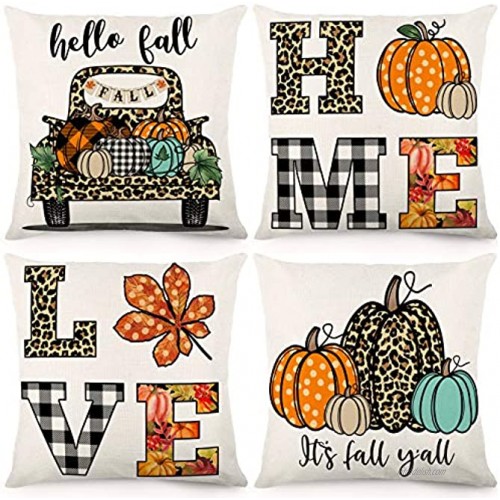 CDWERD Fall Pillow Covers 18x18 Inch Set of 4 Autumn Decorations Throw Pillowcase Pumpkin Leopard Print Farmhouse Linen Cushion Case for Thanksgiving Decorations Sofa and Home Decor