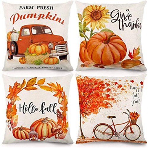 CDWERD Fall Pillow Covers 18x18 Inches Fall Decorations Thanksgiving Autumn Theme Farmhouse Decorative Outdoor Throw Pillowcase Cotton Linen Cushion Case for Home Decor Set of 4