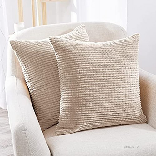 Deconovo Throw Pillow Covers Corduroy 18x18 Inch Cream with Stripe Pattern Square Soft Cushion Covers for Couch Bedroom Sofa Living Room Bed Chair Solid Pack of 2
