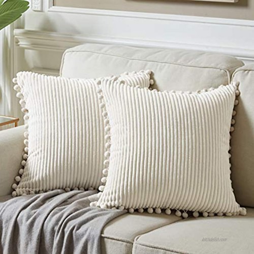 Fancy Homi Pack of 2 Boho Decorative Throw Pillow Covers with Pom-poms Soft Corduroy Accent Solid Square Cushion Case Set for Couch Sofa Bedroom Car Living Room 18x18 Inch 45x45 cm Cream