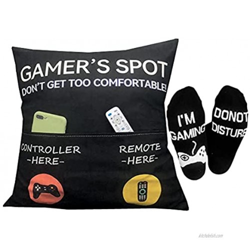 Gaming Room Décor Pocket Design Gamer’s Spot 18X18Inch Throw Pillow Covers 18 x 18 Inch + Gamer Socks Stocking Stuffers Gaming Gifts Easter Basket Stuffers for Teen Boys Girls Men Father Boyfriends