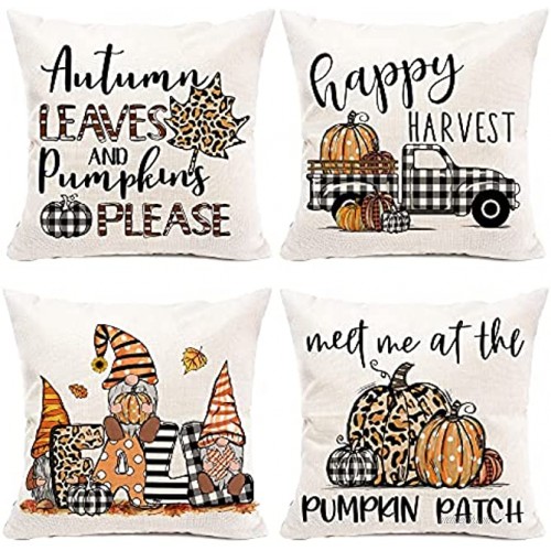 Hexagram Fall Pillow Covers 18x18 Set of 4,Autmn Linen Farmhosue Leopard Buffalo Plaid Pumpkin with Gnomes Welcome Couch Pillow Covers for Sofa,Bedroom Outdoor Cute Harvest Home Decoration