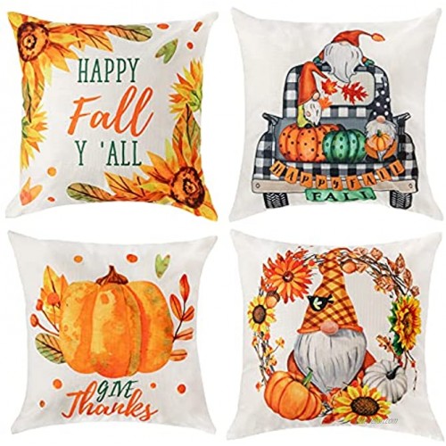 hogardeck Fall Pillow Covers 18x18 Fall Decorations Gnomes and Pumpkin Decor Trucks and Sunflowers Decorative Throw Pillow Covers Set of 4 Happy Fall Linen Sofa Pillow Case