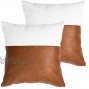 HOMFINER Faux Leather and 100% Cotton Decorative Throw Pillow Covers for Couch Bed Sofa 18 x 18 inch Set of 2 Modern Home Decor Accent Square Bedroom Living Room Cushion Cases Cognac Brown White