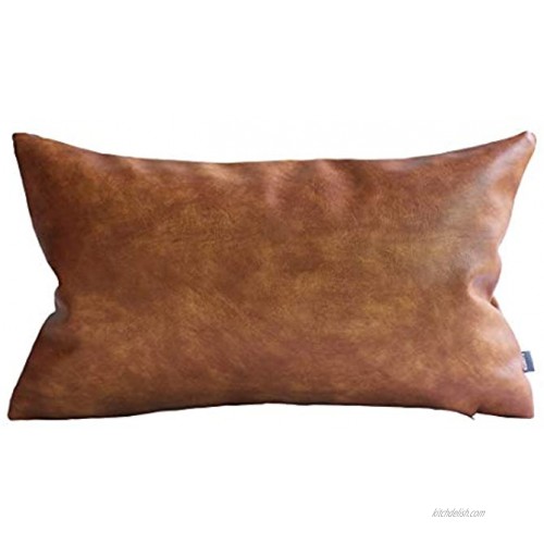 Kdays Thick Brown Faux Leather Lumbar Pillow Cover Cognac Leather Decorative Throw Pillow Case Farmhouse Rectangular Sofa Couch Cushion Covers Modern Minimalist Vegan Pillow Cover 12x20 Inches