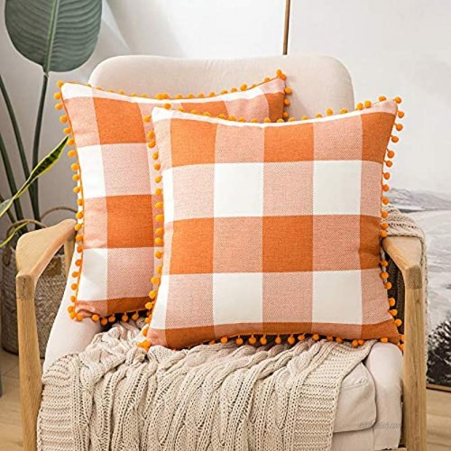 MIULEE Set of 2 Fall Retro Farmhouse Buffalo Plaid Check Pillow Cases with Pom-poms Decorative Throw Pillow Covers Cushion Case for Sofa Couch 18x18 Inch Orange and White