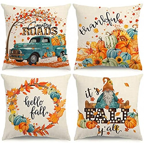 NIGHTWISH 4pcs 18×18 Fall Pillow Covers Fall Decorations Blue and Orange Atmosphere Pumpkin Throw Pillow Covers Holiday Rustic Linen Fall Pillow Case for Sofa Couch