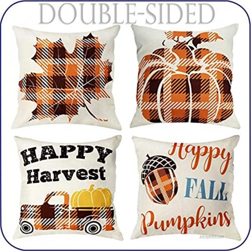OurWarm Fall Pillow Covers 18x18 inch Set of 4 Autumn Pumpkin Maple Happy Fall Buffalo Plaid Outdoor Fall Throw Pillows Thanksgiving Farmhouse Pillows Covers for Home Couch Decor