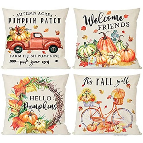 PANDICORN Farmhouse Orange Fall Pillow Covers 18x18 Set of 4 Watercolor Autumn Truck Pumpkin Leaves Bike Thanksgiving Harvest Decorative Throw Pillow Cases Home Couch Decor Outdoor Decorations