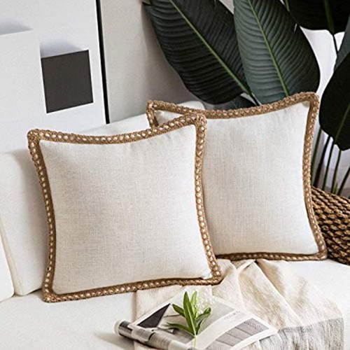 Phantoscope Pack of 2 Farmhouse Decorative Throw Pillow Covers Burlap Linen Trimmed Tailored Edges Off White 18 x 18 inches 45 x 45 cm