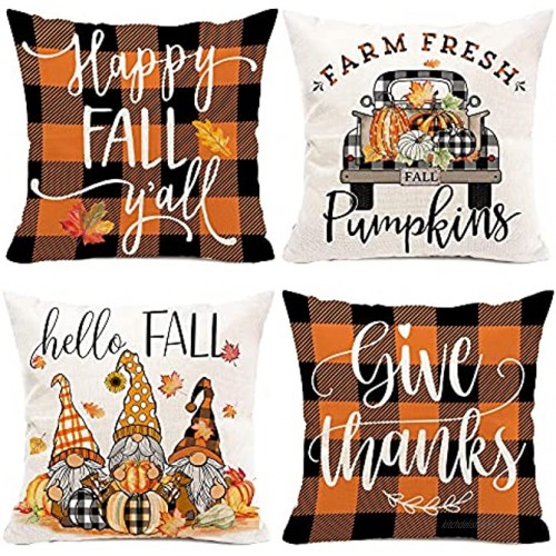 pinata Fall Pillow Covers 18x18 Set of 4 Outdoor Fall Decorative Pillows Buffalo Check Plaid & Pumpkin Maple Leaf Autumn Pillow Covers for Couch Porch Fall Farmhouse Decor for Home