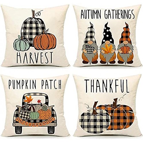 Scritism Fall Pillow Covers Autumn Pumpkin Truck Buffalo Check Plaid Farmhouse Throw Pillow Cases for Sofa Couch Decorations Maple Leaf Harvest Gnome Thanksgiving Cushion Cases 18x18 Set of 4