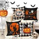 Set of 4 Happy Halloween Throw Pillow Covers 18 x 18 with 4 Bonus Coasters Buffalo Check Pumpkin Decorative Pillowcases Festive Ghost Bat Caster Trick or Treat Decorations for Farmhouse