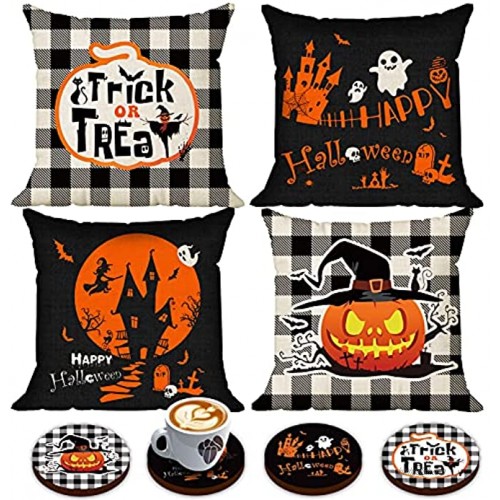 Set of 4 Happy Halloween Throw Pillow Covers 18 x 18 with 4 Bonus Coasters Buffalo Check Pumpkin Decorative Pillowcases Festive Ghost Bat Caster Trick or Treat Decorations for Farmhouse
