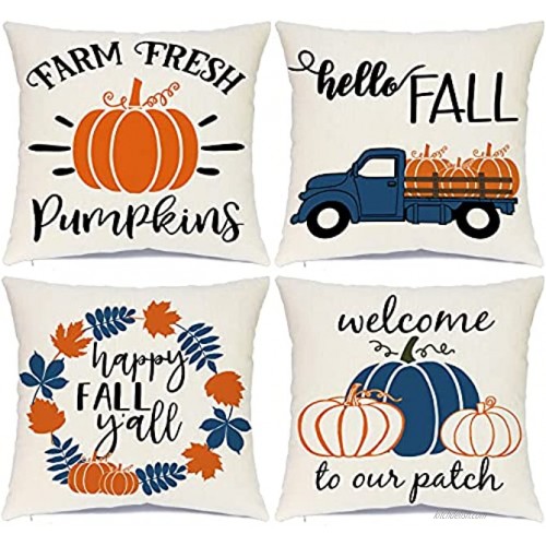 Ueerdand Fall Pillow Covers 18 x 18 Inches Fall Decorations Thanksgiving Autumn Theme Outdoor Pumpkin Patch Farmhouse Decorative Throw Pillowcase Linen Cushion Case for Home Decor Set of 4