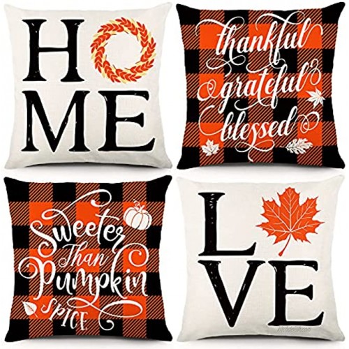 YGEOMER Fall Pillow Covers 18x18 Set of 4 Autumn Farmhouse Buffalo Plaid Love Home Pillow Covers Pumpkin Leaves for Sofa Couch Farmhouse Thanksgiving Fall Decorations Throw Pillow Covers