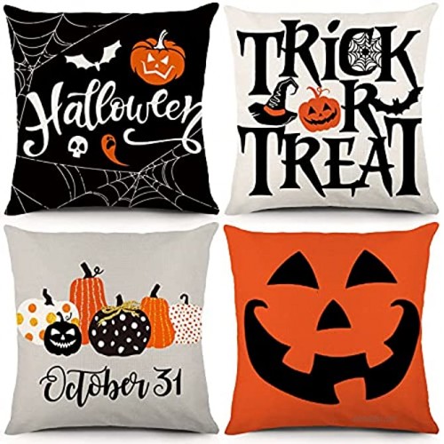 YGEOMER Halloween Pillow Covers 18x18 Set of 4 Trick or Treat Pumpkin Face Holiday Halloween Decoration Hug Throw Pillow Covers for Sofa Couch
