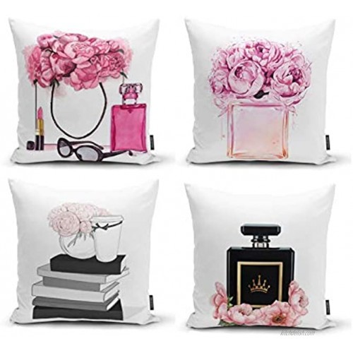 Ysahome Pink Flowers Digital Print Pillow Cover Queen Perfume Cushion Cover Book and Vase Decor Throw Pillow Case Fancy Theme Decorative Accent Pillow 18x18 Inches Set of 4