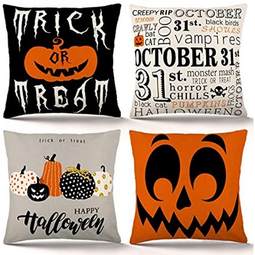 ZJHAI Halloween Pillow Covers 18x18 Inch Set of 4 Trick or Treat Pumpkin Pillow Covers Holiday Rustic Linen Pillow Case for Sofa Couch Halloween Decorations Throw Pillow Covers