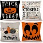 ZJHAI Halloween Pillow Covers 18x18 Inch Set of 4 Trick or Treat Pumpkin Pillow Covers Holiday Rustic Linen Pillow Case for Sofa Couch Halloween Decorations Throw Pillow Covers