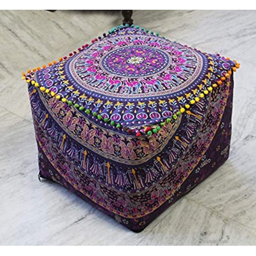CRAFT KALA Mandala Floor Pillow Cushion Seating Throw Cover Hippie Decorative Bohemian Ottoman Poufs Pom Cases Boho Indian Large Pouf Yoga Decor Case Camel Square Size: 18 X 18 X 14 inches