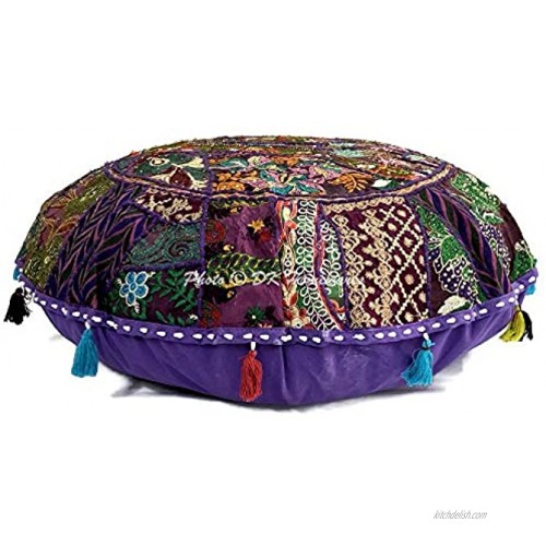 DK Homewares Indian Bohemian Floor Pillow Cover Purple 28 Inch Patchwork Seating Pouffe Footstool Home Decor Embroidered Vintage Cotton Round Floor Cushions Seating for Adults 28x28