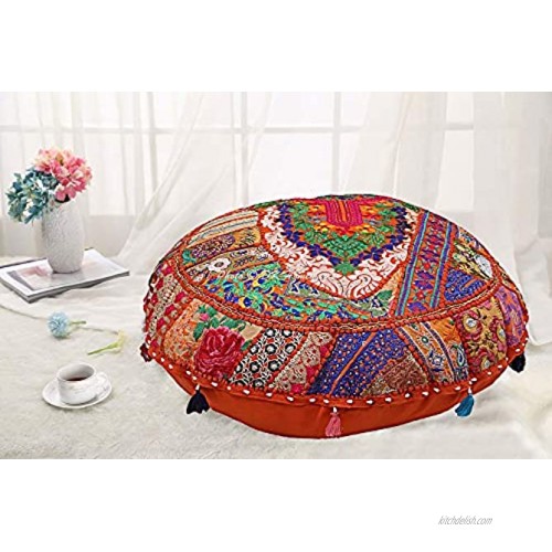 DK Homewares Round Traditional Floor Pillow for Kids Bohemian Orange 22 Inch Patchwork Meditation Pouf Ottoman Home Decor Embroidered Vintage Cotton Indian Floor Cushions for Adults 22x22