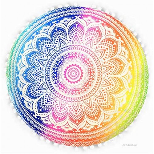 Emprelex 32 Inch Flower Mandala Floor Pillow | Hand-Printed Round Floor Cushion | Organic Cotton | Ideal for Living Room Bedroom and Yoga Room | Cover Only | Rainbow