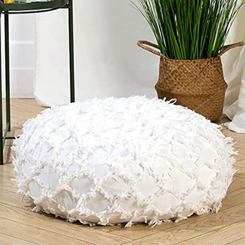 HIGOGOGO White Floor Pillow Rhombic Tassel Pattern Round Floor Cushion Pouf Seating with Removable Cover Tufted Meditation Pillow for Living Room Bedroom Sofa Diameter 24 Inch