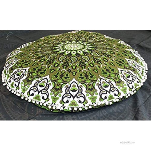 Indian Cotton Elephant Printed Floor Pouf Cover Pillow Large Mandala Cover Meditation Mat Indian Yoga Mat Hippie Round Decorative Bohemian Indian Pouf Ottoman Cover with Pom pom Lace Green Star