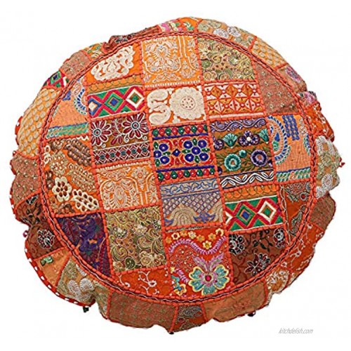 Indian Handmade Vintage Patchwork Cotton Boho Chic Bohemian Hand Embroidered Decorative Ethnic Foot Stool Round Floor Pillows & Cushion Cover Seating Pouf Ottoman Orange 32 inch