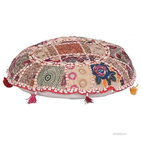 Indian Handmade Vintage Patchwork Cotton Boho Chic Bohemian Hand Embroidered Decorative Ethnic Foot Stool Round Floor Pillows & Cushion Cover Seating Pouf Ottoman Purple 32X32 Inches White