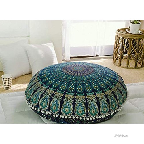 Popular Handicrafts Kp834 Large Hippie Mandala Floor Pillow Cover Cushion Cover Pouf Cover Round Bohemian Yoga Decor Floor Cushion Case- 32 Blue Tarqouish