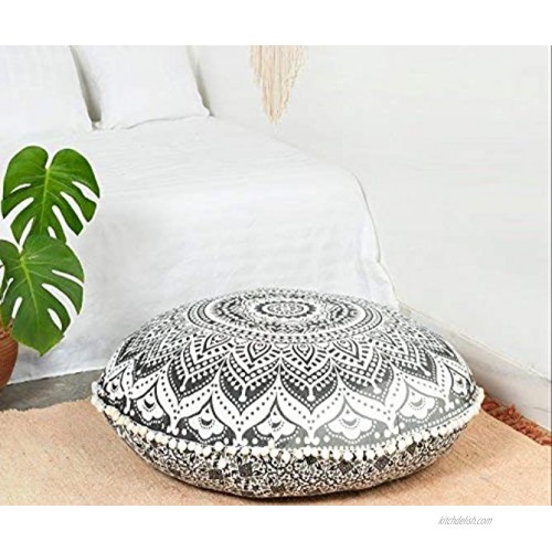 Popular Handicrafts Large Hippie Mandala Ombre Floor Pillow Cover Cushion Cover Pouf Cover Round Bohemian Yoga Decor Floor Cushion Case- 24 Black Grey