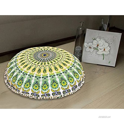Radhy Krishna Fashions Floor Pillow Cover Decorative Mandala Pillow Sham Camel Indian Bohemian Ottoman Poufs Cover Pom Pom Pillow Cases Outdoor Cushion Cover Yellow White