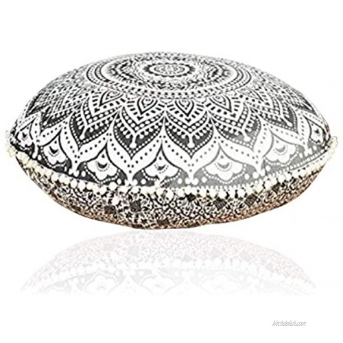 Rajasthaniartdecor Round Pouf Cover Cushion Cover Cotton with Pom Pom Pouf Cover Meditetion Seating for Living Dorm Room Size 32 Inches Cover Only
