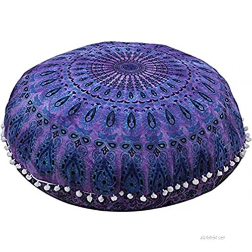 Rajasthaniartdecor Round Pouf Cover Cushion Cover Cotton with Pom Pom Pouf Cover Meditetion Seating for Living Dorm Room Purple Color Size 32 Inches Cover Only