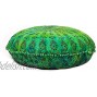 Rajasthaniartdecor Round Pouf Cover Mandala Round Pillow Cushion Cover Mandala Meditetion Peacock Feather Design Green Colour with White Pom Pom Round 32 Inches Pouf Cover Cover Only