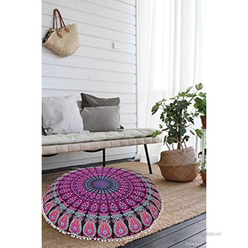 Rajwada Fashion Large Hippie Mandala Round 32 inch Floor Pouf Cushion Cover Hippie Decorative Indian Bohemian Seating Ottoman Throw Cover Yoga Decor Meditation Seating Zipped Purple