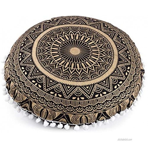 Round Mandala Hippie Floor Pillow Cover Hippie Cushion Cover Ombre Pouf Shams Meditation Seating Ottoman Throw Cover Decorative Bohemian Pom Pom Floor Pillow Case- 18 Black Gold