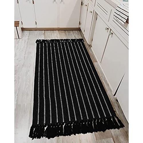 Boho Black Kitchen Runner Rug,2’x4’ Cotton Striped Throw Area Rug with Tassel Woven Machine Washable Indoor Doormat Hallway Doorway Carpet for Bathroom Laundry Bedroom Living Room