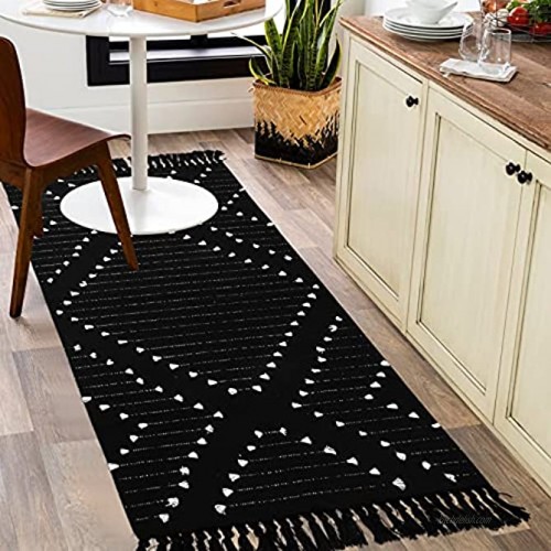 Boho Kitchen Rug 2 x 4.3',Machine Washable Woven Cotton Runner Rug with Tassel Moroccan Tribal Decorative Throw Floor Mat for Porch Doorway Laundry Kitchen Cute Entryway Carpet