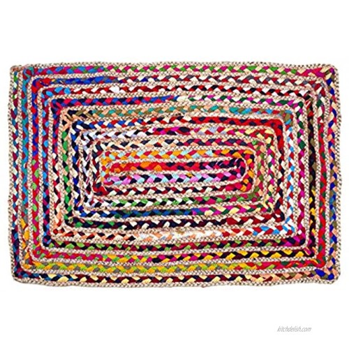 Eleet Cotton & Jute Multi Chindi Area Rug Multicolor Hand Woven Braided Reversible Rug Rag Colors May Vary 2x3 Feet Cotton+Jute Rectangular