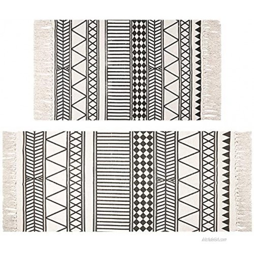 HEBE Cotton Area Rugs Set of 2 Piece 4.2'x2'+3'x2' Machine Washable Black and Cream Cotton Tassel Rugs Woven Cotton Runner Throw Rugs for Kitchen,Living Room