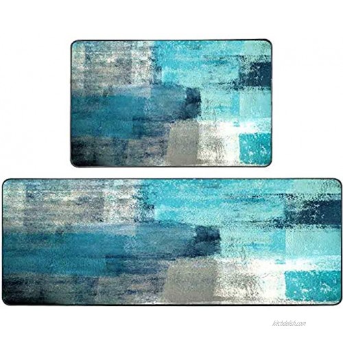 Kitchen Area Rug,Gesmatic Kitchen Rugs and Mats 17X48+17X24 Turquoise Grey Abstract Art Painting Non-Slip Farmhouse Kitchen Rugs Bath Rug Rugs for Kitchen