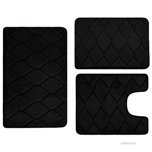 Colorxy Memory Foam Bathroom Rugs Water Absorbent Super Soft Non-Slip Bath Mat Washable Ogee Design Bathroom Mat Set of 3 Small Large Contour Black