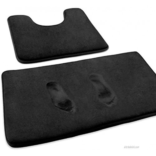 FEELSO Memory Foam Bath Mat Set Extra Soft 2 Piece Bathroom Rugs Non Slip and Absorbent Mats 20x31 Inches Floor Mat 20x20 Inches U-Shaped Contour Rug for Tub Shower & Bath Room Black