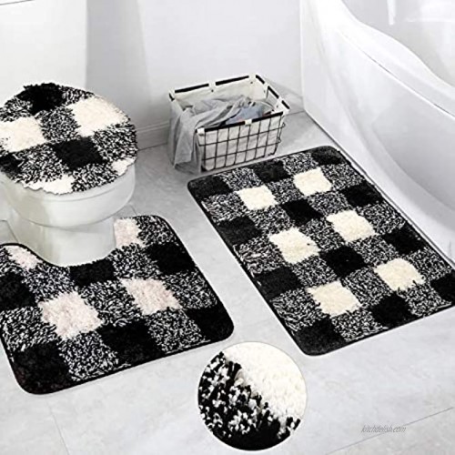 HAOCOO Buffalo Plaid Bathroom Rugs 3 Piece Shaggy Bath Mat Set Thick Soft Absorbent Microfiber with U-Shaped Contour Rug Toilet Lid Cover & Rectangle Non-Slip Machine-Washable Rug for Tub Shower